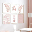 Pink Butterfly Wall Art Nursery Canvas Prints Painting Sun Rainbow Daisy Heart Posters Kawaii Pictures for Kids Girl Room Decor