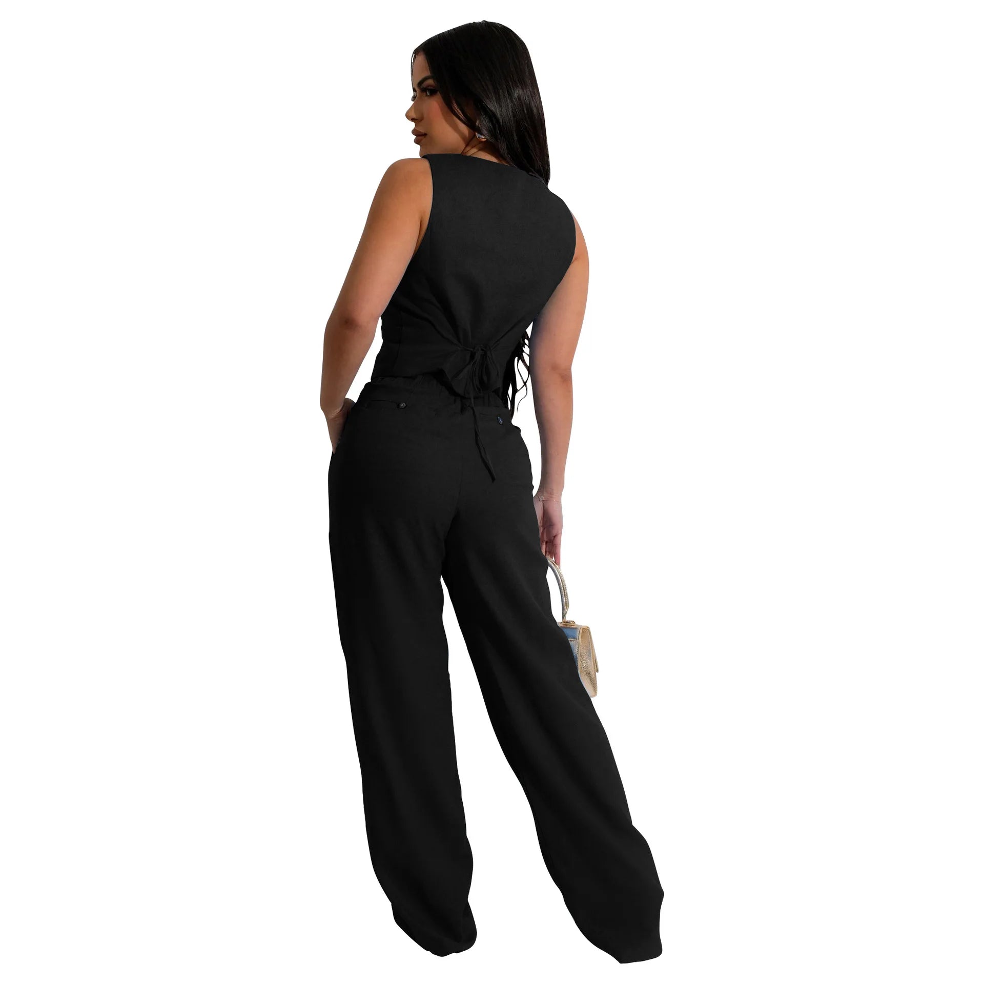 Fashion Sleeveless Vest Pants Women's Solid Color Suit Spring Summer V-Neck Ultra Short Top + Slim Pants Female Office 2 Piece Set