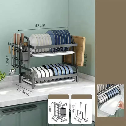 25NEW Dish Drying Rack 2-Tier Compact Kitchen Dish Rack Drainboard Set Large Rust-Proof Dish Drainer with Utensil Holder