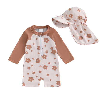 Trajes de baño de verano para niñas y niños pequeños, de manga larga, con estampado floral/tropical, con cremallera y sombrero.