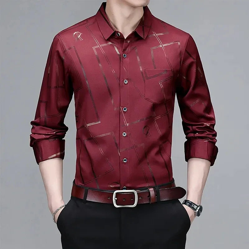 Camisa de manga larga estampada para hombre, informal y moderna, resistente a las arrugas y sin planchado.