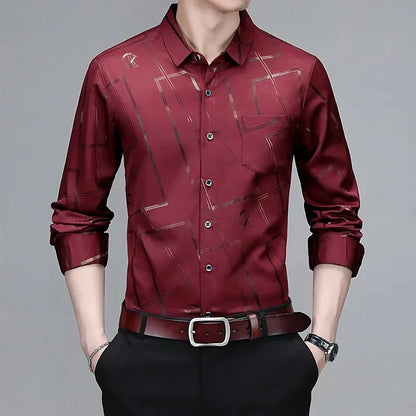 Camisa de manga larga estampada para hombre, informal y moderna, resistente a las arrugas y sin planchado.