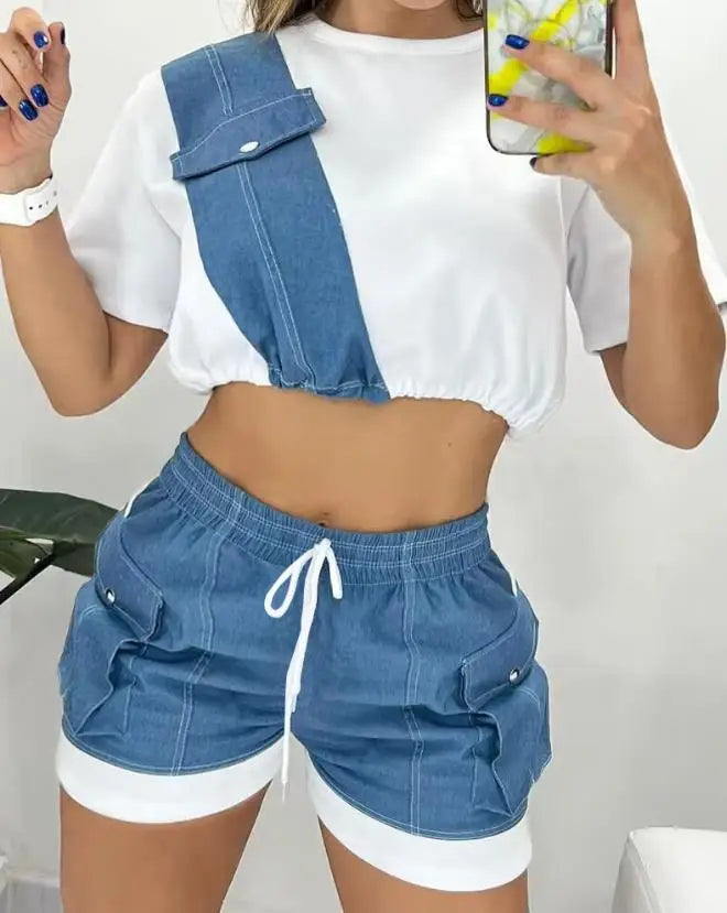 Two Piece Sets Womens Outifits 2023 Summer Fashion Denim Patch Round Neck Short Sleeve Top & Casual Drawstring Pocket Shorts Set