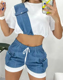 Two Piece Sets Womens Outifits 2023 Summer Fashion Denim Patch Round Neck Short Sleeve Top & Casual Drawstring Pocket Shorts Set