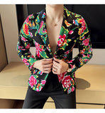 Men Suit 2 Piece Fashion Party Mens Vintage Print Big flower in northeast China Suits Jacket Pants Men Sets