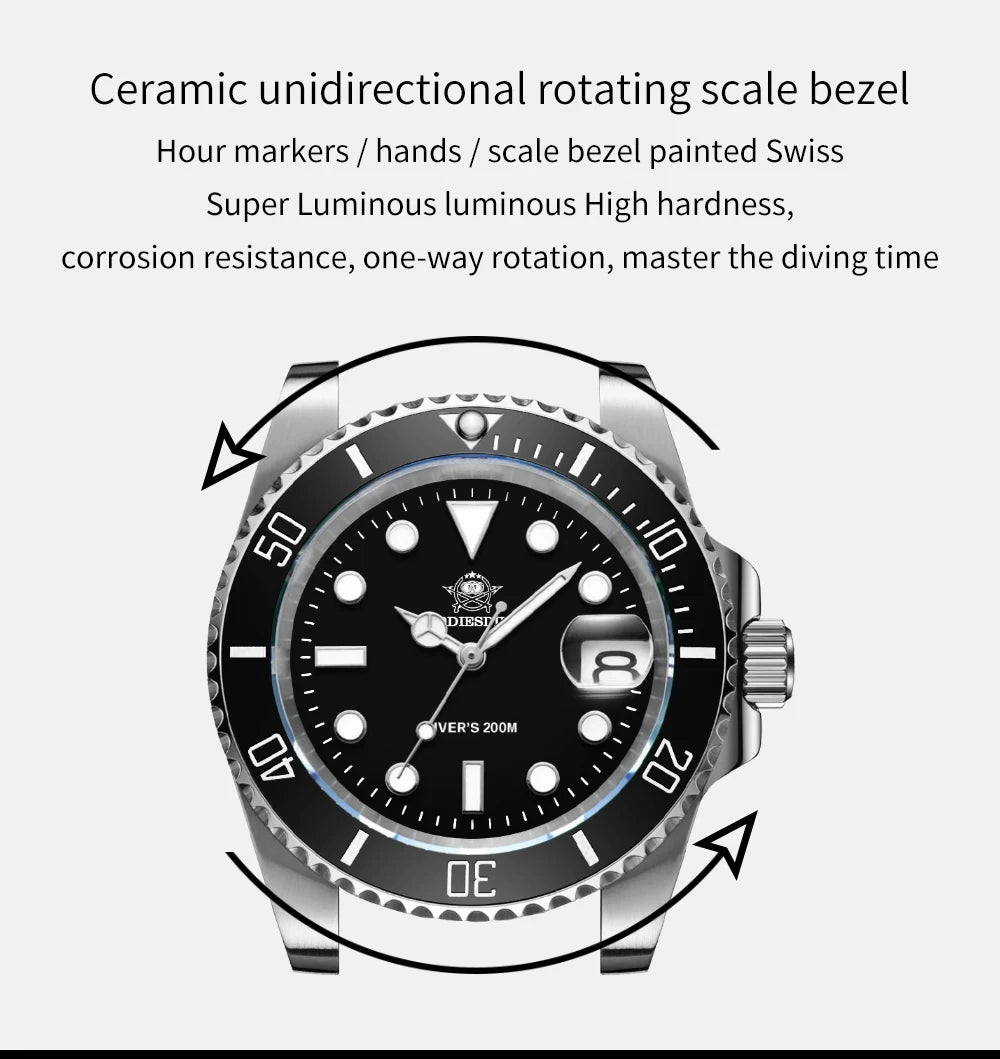 ADDIESDIVE Quartz Watch for Men 316L Stainless Steel Super Luminous Ceramic Bezel 200m Waterproof Classic Diving Men's Watch