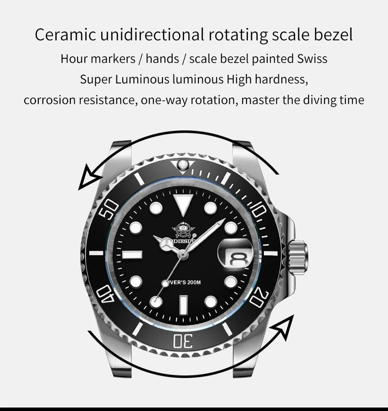 ADDIESDIVE Quartz Watch for Men 316L Stainless Steel Super Luminous Ceramic Bezel 200m Waterproof Classic Diving Men‘s Watch