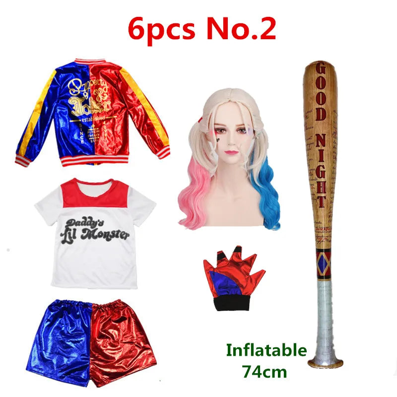 Harley Quinn Cosplay Suicide Squad Harleen Quinzel Kids Girls T-Shirt Joker Jacket Halloween Costume