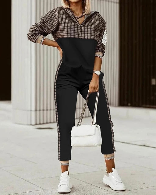 Roupa de duas peças para senhoras, terno com gola entalhada, jaqueta de manga comprida, calça casual elegante roupa de trabalho de escritório, moda, 2023