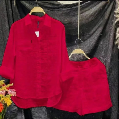 Conjunto informal de dos piezas de lino y algodón para mujer, moda de verano 2024, camisa de manga larga blanca y pantalones cortos, chándal de dos piezas