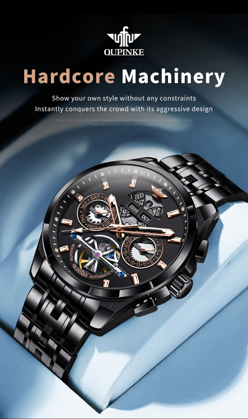 OUPINKE 3251 Skeleton Flywheel Automatic Watch for Men Stainless Steel Waterproof Wristwatch Luxury Sapphire Mirror Men's Watch