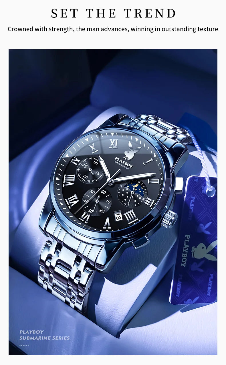 PLAYBOY Best Selling Fashion Luxury Quartz Watch for Men Original Stainless Steel Multifunction Waterproof Men's Wrist Watches