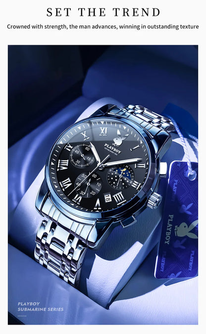 PLAYBOY Best Selling Fashion Luxury Quartz Watch for Men Original Stainless Steel Multifunction Waterproof Men's Wrist Watches