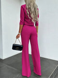 Elegante conjunto de dos piezas de color liso para mujer, traje de oficina, top corto informal y pantalones de cintura alta, otoño 2024