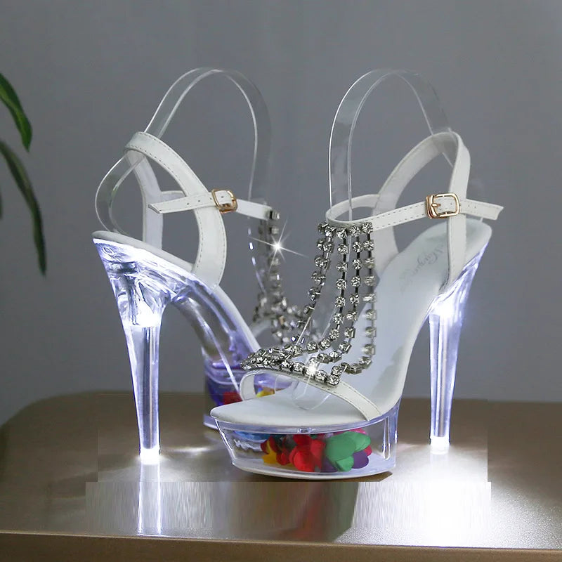 LTARTA Women's Shoes Stiletto Nightclub 15cm  High Heels Rhinestone Sandals Flower Root Crystal Sole 190 Series 5cm Platform LFD