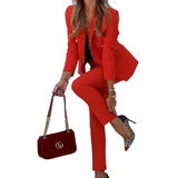 Conjunto de 2 piezas para mujer, otoño e invierno, moda de color liso, traje cruzado, pantalones pitillo ajustados con bolsillos, para oficina, 2023