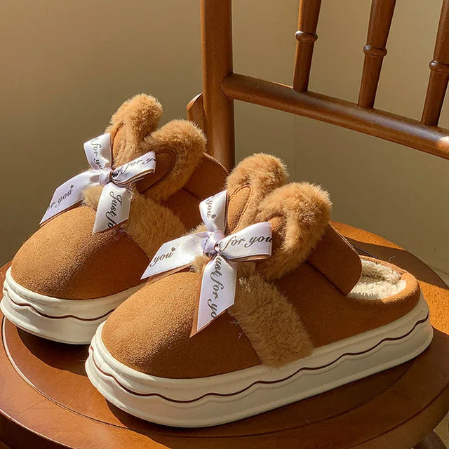 Faux Suede Cotton Slippers For Women Rabbit Bow Warm Thick Sole Princess Style Home Winter New 