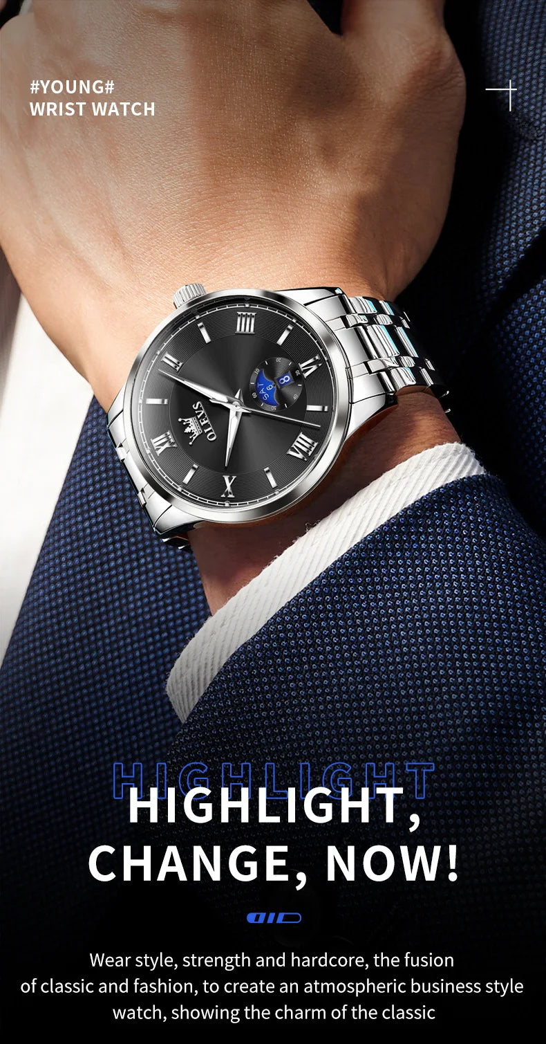 OLEVS 3638 Mens Watch Original Quartz Watch Stainless Steel Waterproof Luminous Large Dial Day Date Watches Luxury Men Box Reloj