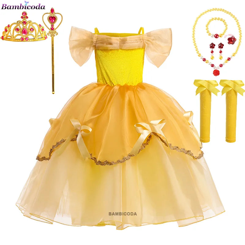 2025 Cosplay Belle Princess Dress Girls Dresses For Beauty and beast Party Clothing Magic stick crown Costume 3-12Y
