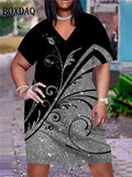 Gradient Dresses Summer Elegant Women'S Clothing Fashion Print Short Sleeves Loose Dress Plus Size Casual V-Neck Party Dress 6XL