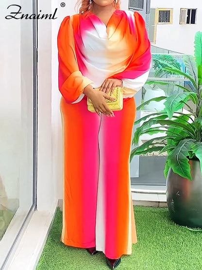 Znaiml Lantern Sleeve Top and Wide Leg Pants Two Piece Set Rainbow Gradient Print Women Outfits Elegant Office Birthday Party