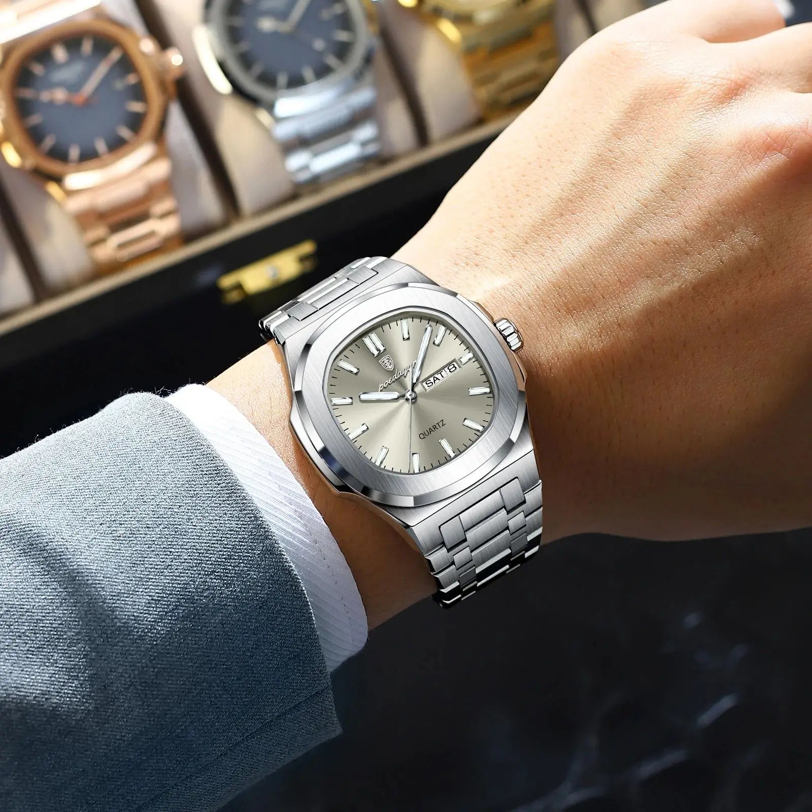 POEDAGAR Luxury Military Men's Watch Square Waterproof Luminous Date Week Men Watch Stainless Steel Quartz Men's Watches Reloj+box