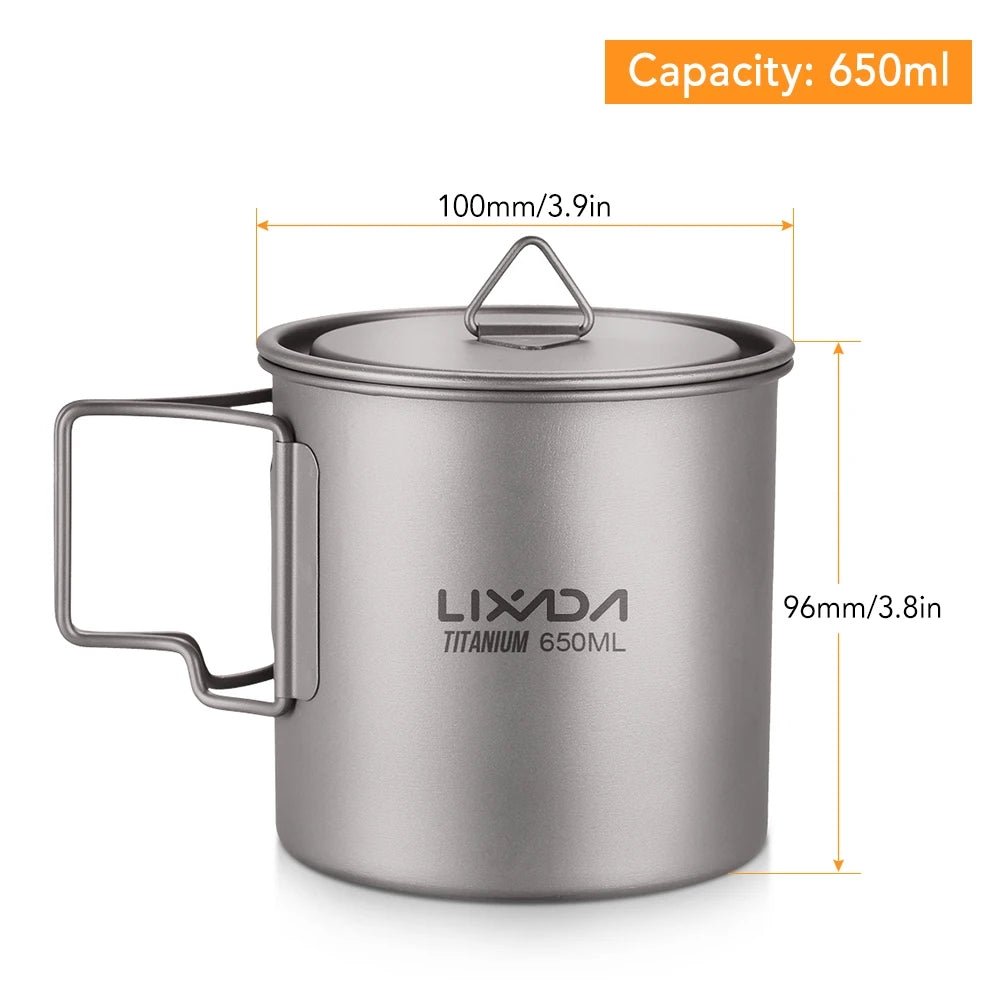 Taza de agua ultraligera de titanio Lixada con asa plegable, portátil para exteriores, camping, picnic, 300 ml/350 ml/550 ml/650 ml