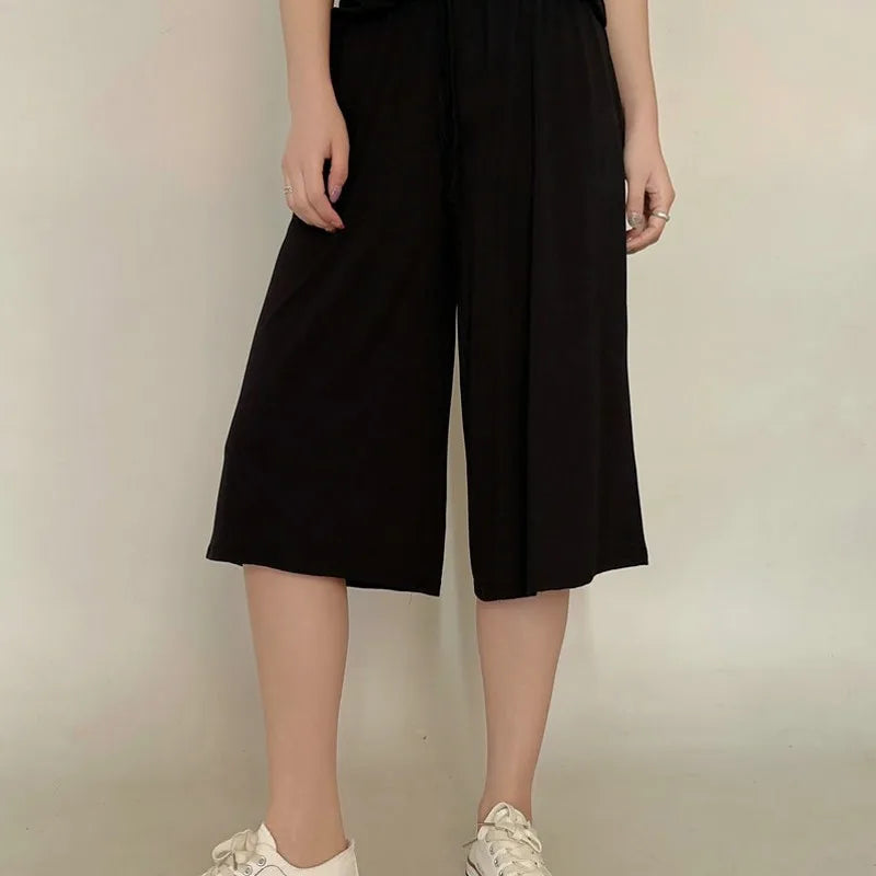 Plus size L to 6XL U-Neck Women's  Modal pant calf-length summer wide leg pants drawstring short pants casual homewear pants