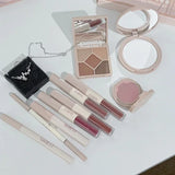 QIBEST Multipurpose Makeup Set 4pc Double Head Lip Glaze, Face Pressed Powder,Blusher,Eyeshadow, Eyebrow Pencil,Eyeliner,Lip Oil