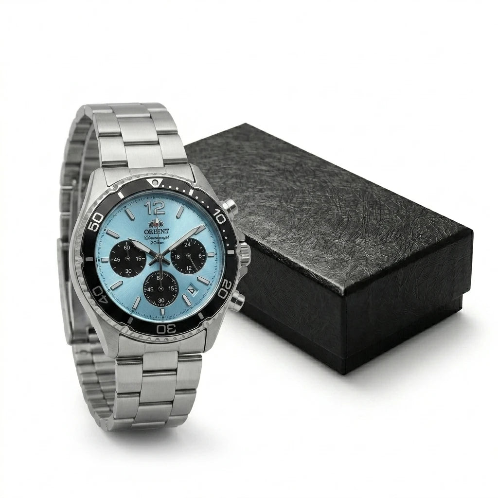 Relógio masculino cronógrafo solar diver em aço inox a prova de agua 200mm
