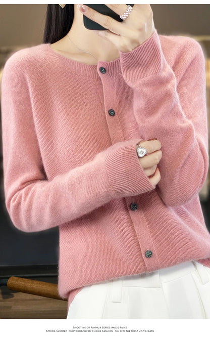 Long Sleeve 100% Merino Wool Sweaters Cashmere Cardigan Spring Autumn Women O-Neck Knitwear Tops Clothing Fashion Basic Tops