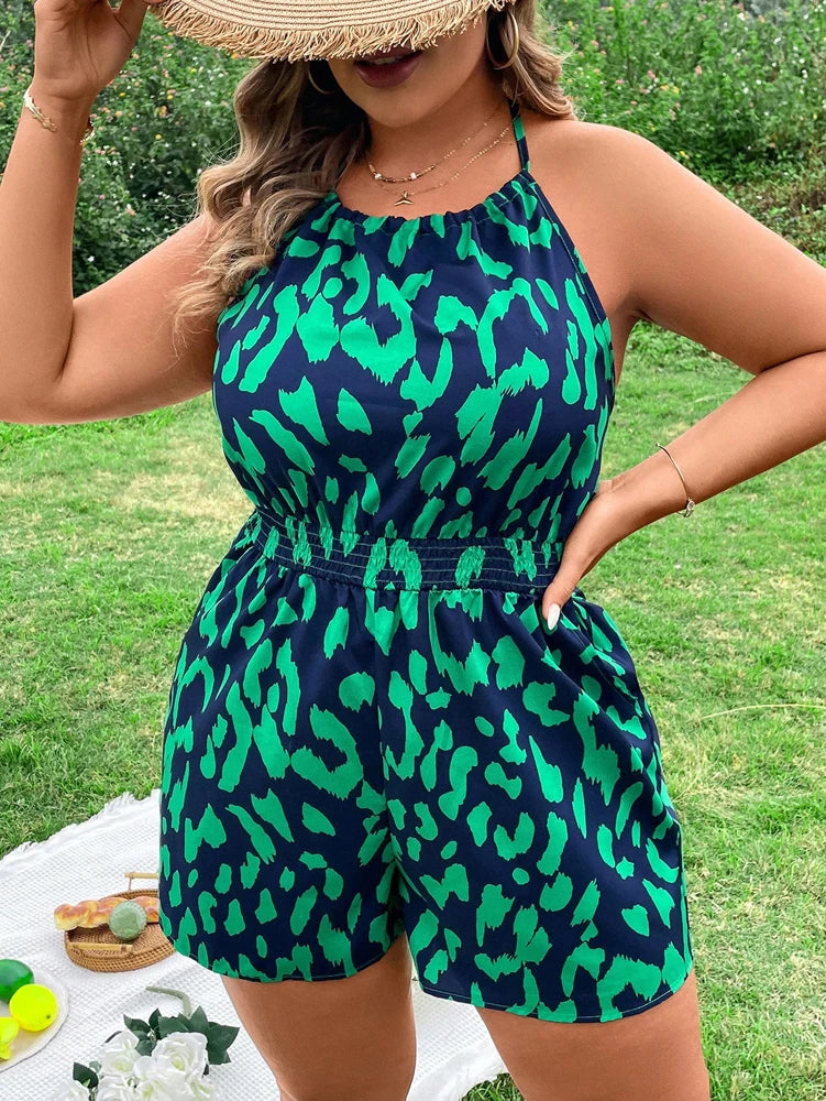 Mono de verano holgado e informal con cuello halter, espalda descubierta y diseño aerodinámico para mujer de talla grande 