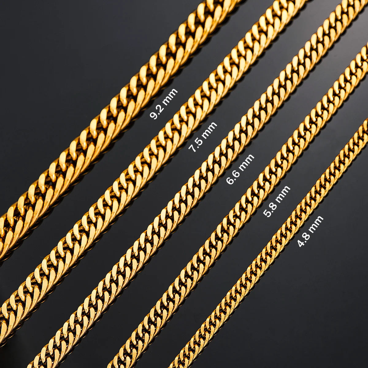 4.8mm/5.8mm/6.6mm/7.5mm/9.2mm Gold Color Stainless Steel Cuban Link Chains Classic Men Boy Curb Chunky Necklace 14 to 30 Inches