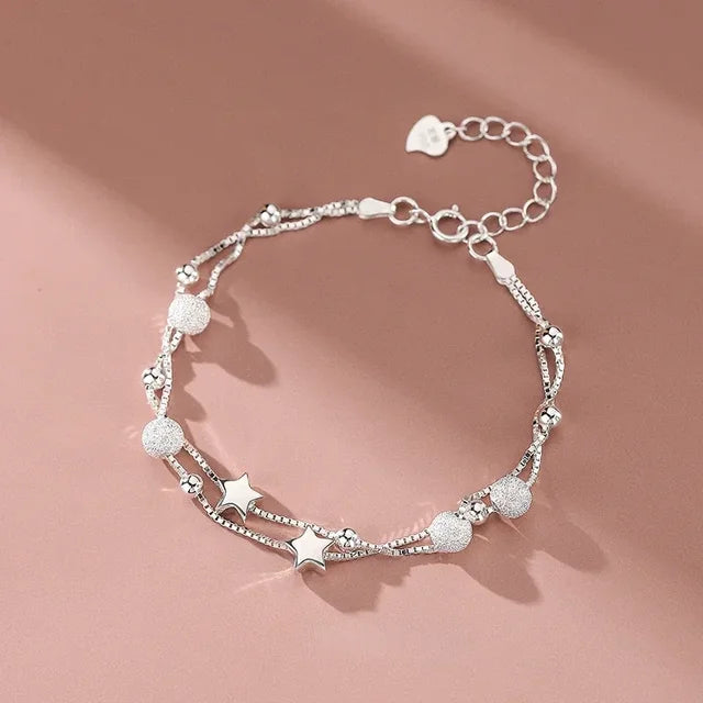 Adjustable 925 Sterling Silver Bead Bracelet for Women, Luxury Original Jewelry, Korean Fashion Designer, Beautiful Stars 