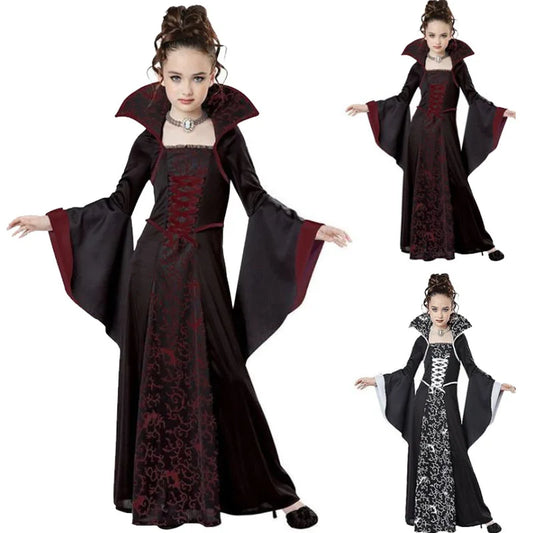 Festival Costume For Kids Girls Witch Vampire Carnival Cosplay Dress Medieval Vintage Children'S Performance Clothes For Party