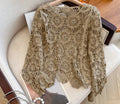 Casual Long Sleeve Elegant cardigan Beading O-neck Chic Vintage Hook Flower Hollow Out Top Plus Size Clothing