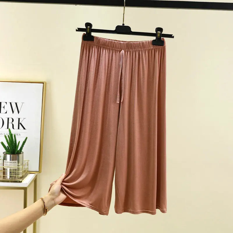 Plus size L to 6XL U-Neck Women's  Modal pant calf-length summer wide leg pants drawstring short pants casual homewear pants