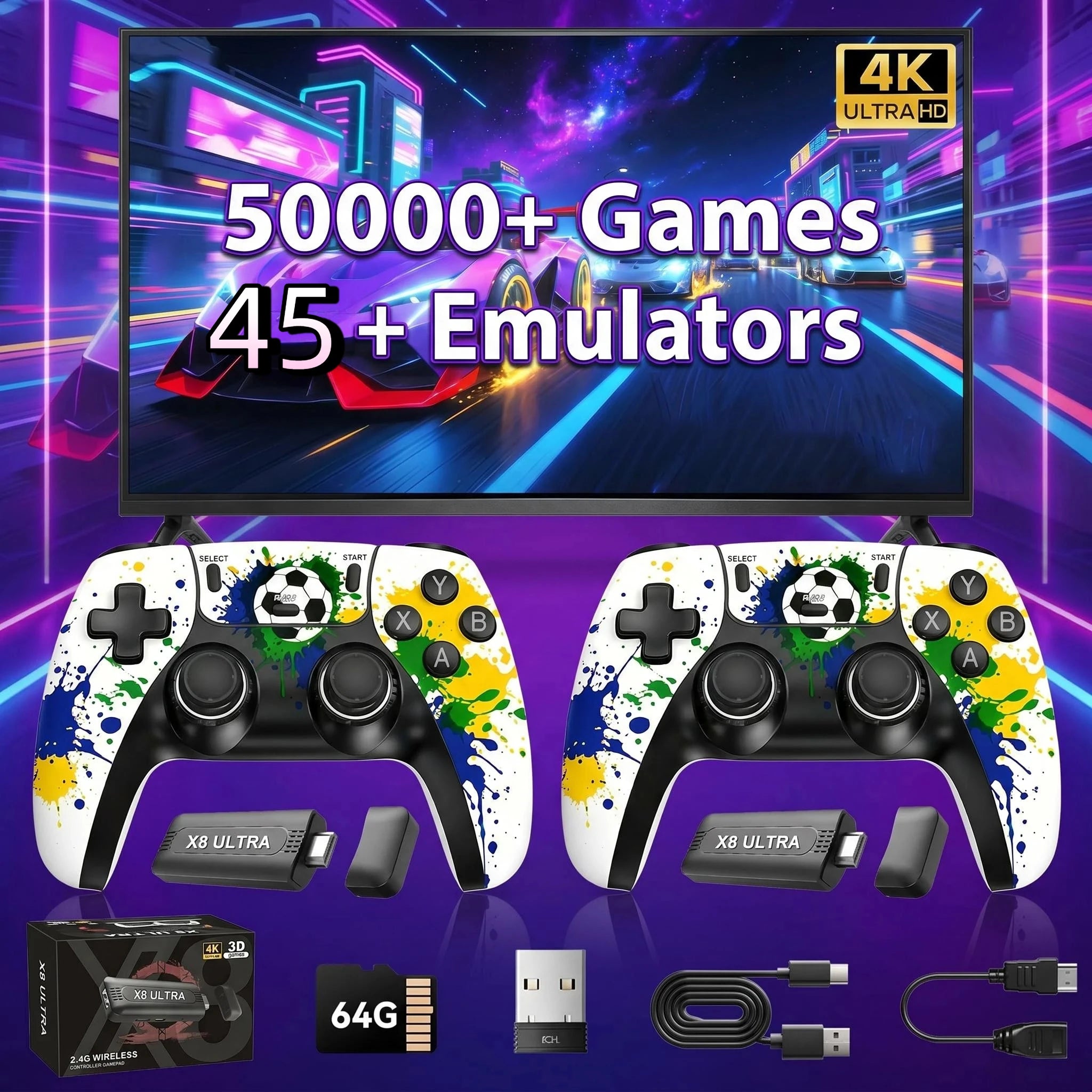 X8 Super 4K HD Game Stick 128GB 50000 Retro Games Dual 2.4G Wireless Controller Portable Plug & Play TV Game Console