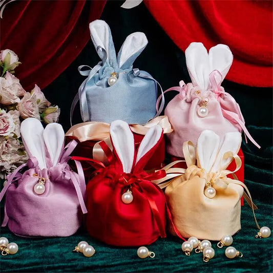 New Rabbit Ears Candy Bag Easter Drawstring Bag Velvet Draw String Candy Bags Gift Packing Bags Party Decoration Drop Shipping