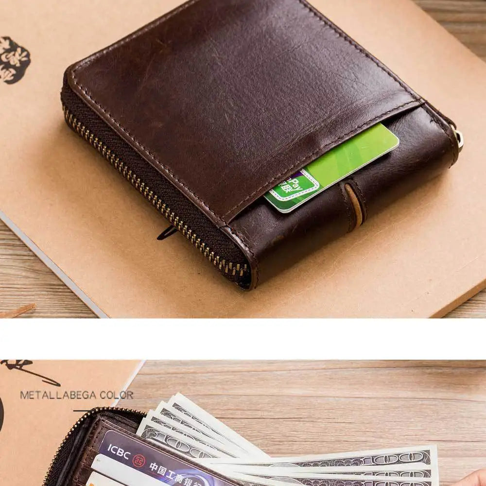 Bullcaptain Genuine Leather Men Short Wallet Casual Men's Coin Purse Vintage Male Zipper Card Holder Luxury Money Bags JYB022