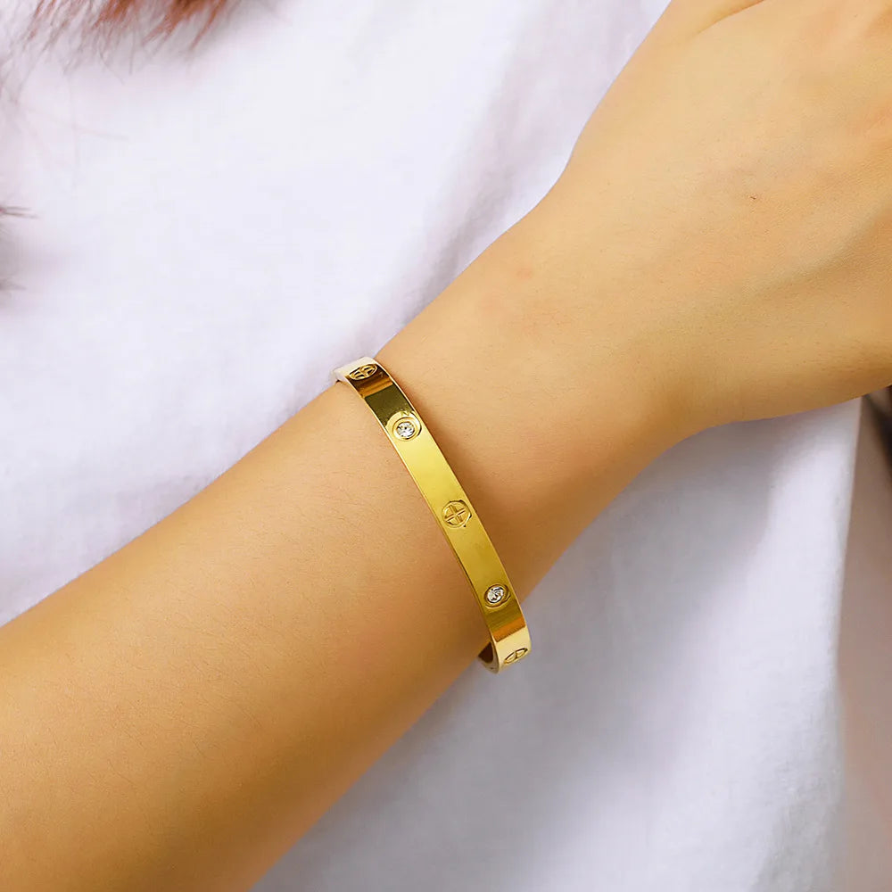 New Design Gold Color Zircon And Cross Nut Nail Bracelet & Bangle For Woman Stainless Steel Screw Brand Jewelry Dropshipping
