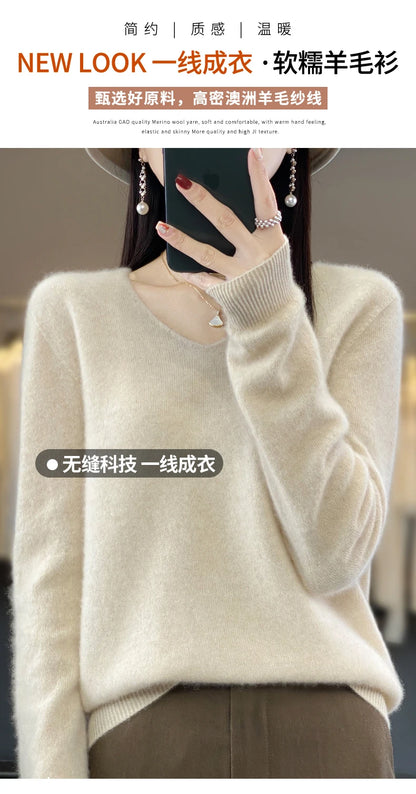 100% pure wool cashmere sweater women's V-neck pullover casual knit top autumn and winter women's coat Korean fashion