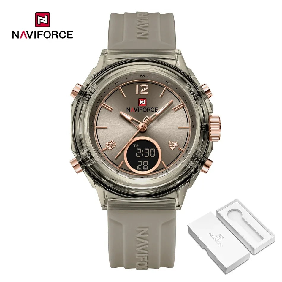 Relojes NAVIFORCE para mujer, nuevo diseño, esfera pequeña, deportivos, para mujer, resistente al agua hasta 5 ATM, reloj de pulsera de cuarzo con pantalla LCD digital, reloj para mujer