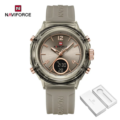 Relojes NAVIFORCE para mujer, nuevo diseño, esfera pequeña, deportivos, para mujer, resistente al agua hasta 5 ATM, reloj de pulsera de cuarzo con pantalla LCD digital, reloj para mujer