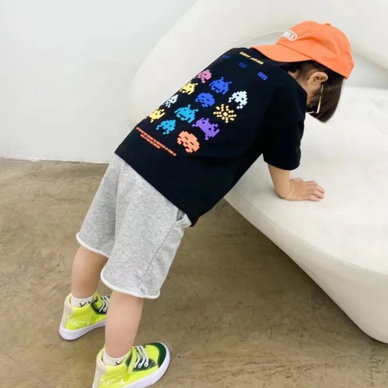 Camiseta de manga corta de verano para niños, Top de cuello redondo para niños pequeños y medianos, moda informal versátil de media manga