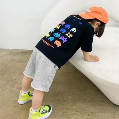 Camiseta de manga corta de verano para niños, Top de cuello redondo para niños pequeños y medianos, moda informal versátil de media manga