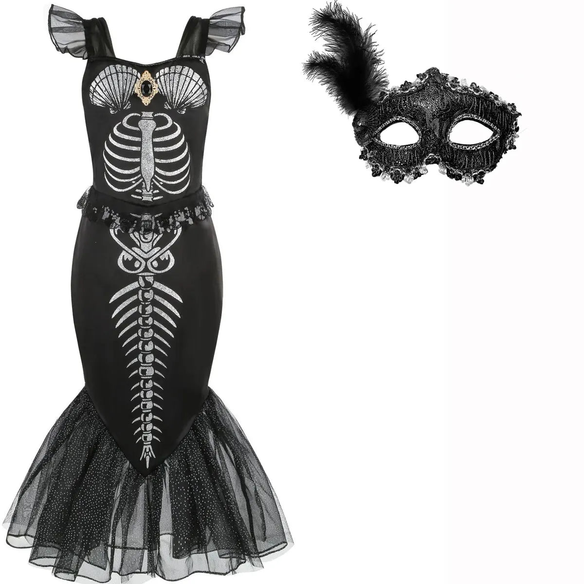 Halloween New Horror Skeleton Little Mermaid Costume Ariel Princess Black Skeleton Fishtail Dress Holiday Special Dress