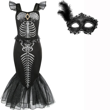 Halloween New Horror Skeleton Little Mermaid Costume Ariel Princess Black Skeleton Fishtail Dress Holiday Special Dress