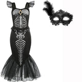 Halloween New Horror Skeleton Little Mermaid Costume Ariel Princess Black Skeleton Fishtail Dress Holiday Special Dress