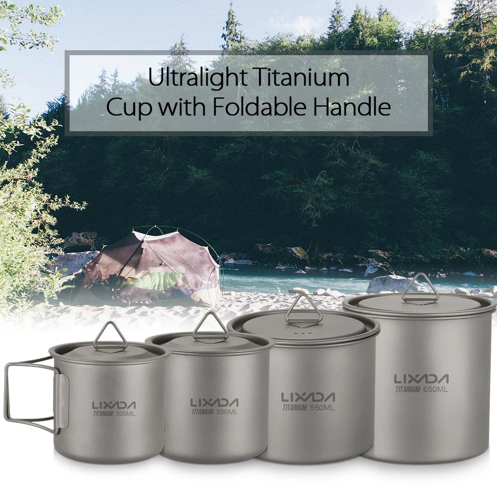 Taza de agua ultraligera de titanio Lixada con asa plegable, portátil para exteriores, camping, picnic, 300 ml/350 ml/550 ml/650 ml